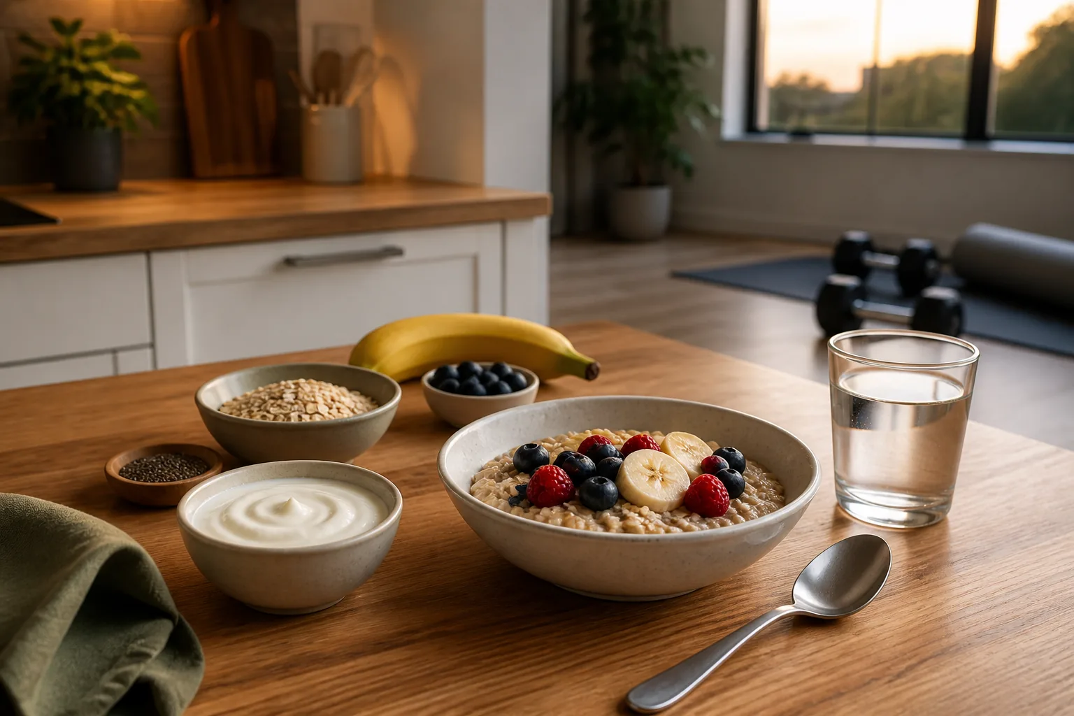 Oatmeal with banana and berries, yogurt, and water prepared before an evening home workout