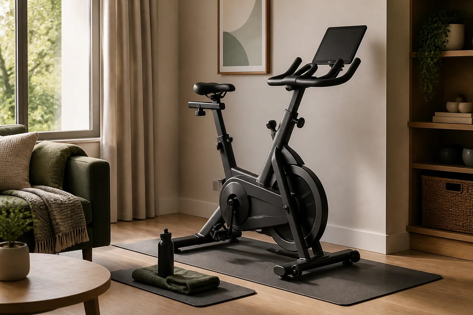 Unbranded magnetic exercise bike with display in a compact apartment workout space