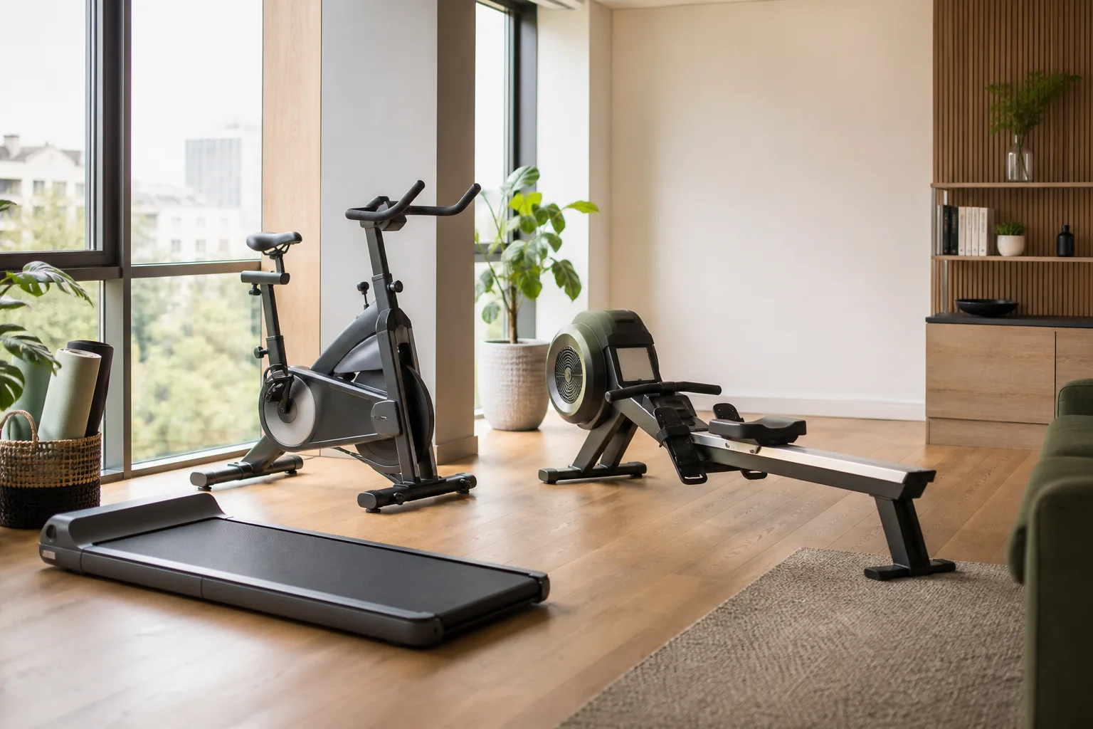 Compact home gym with a walking pad, exercise bike, and rowing machine