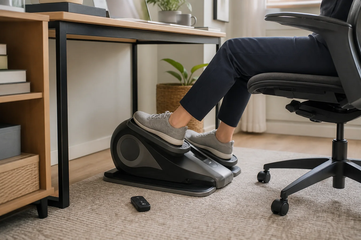 Unbranded electric under-desk elliptical used from an office chair in a home workspace