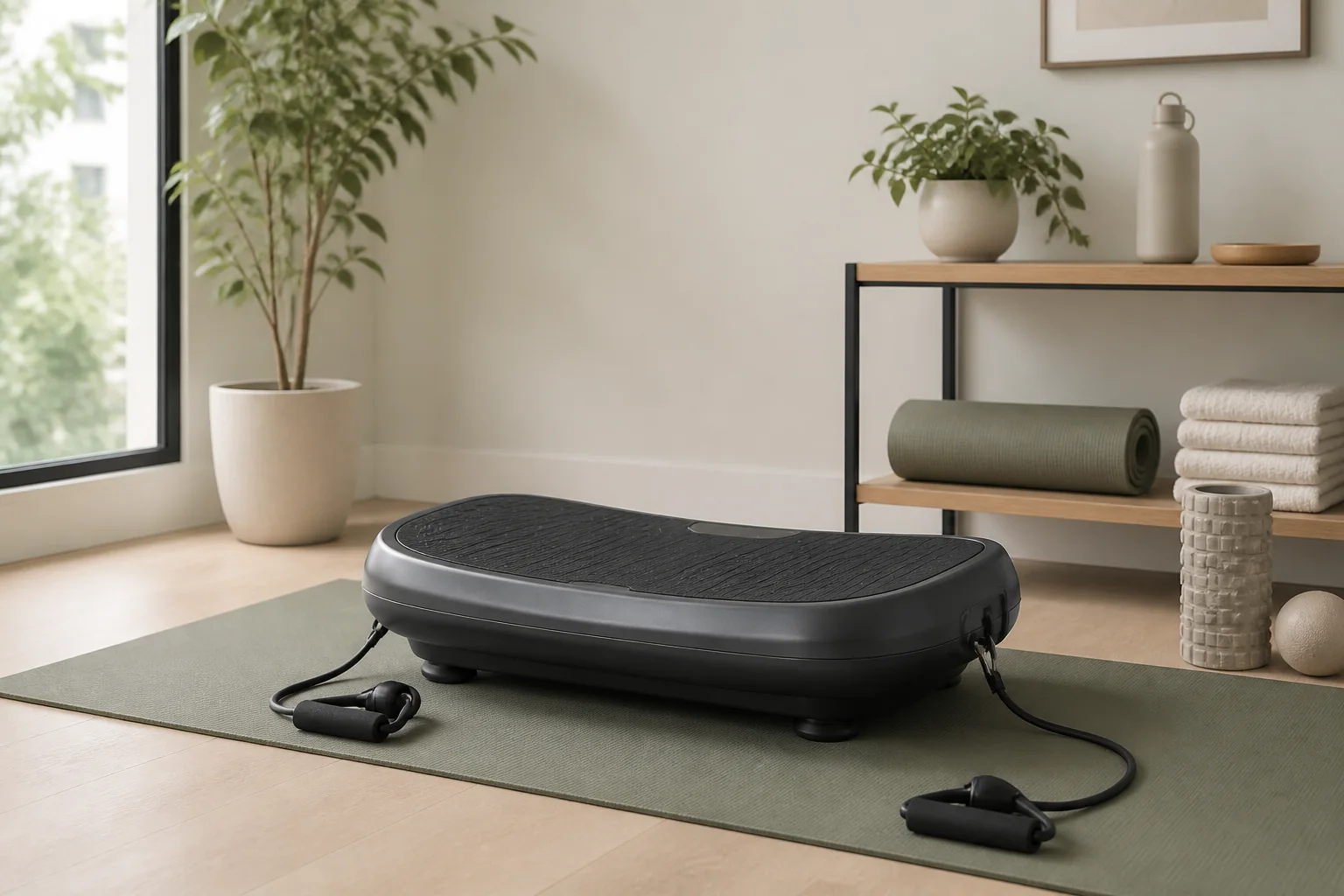 Unbranded curved vibration plate with resistance bands in a home recovery area