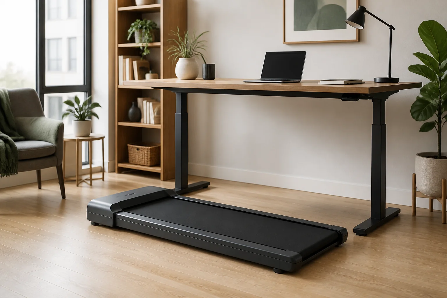 Unbranded compact walking pad beneath a standing desk in a home office